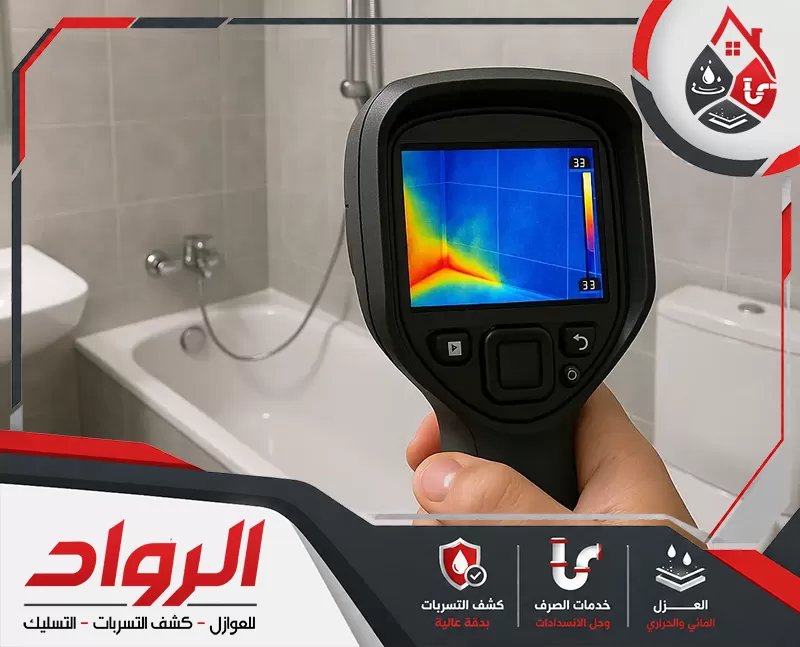 تقرير فني معتمد لكشف ومعاينة تسربات المياه 0562647138 شركة الرواد كاميرا حرارية تفحص الحمام لتحديد أماكن تسرب المياه والرطوبة المخفية خلف الجدران دون تكسير.
