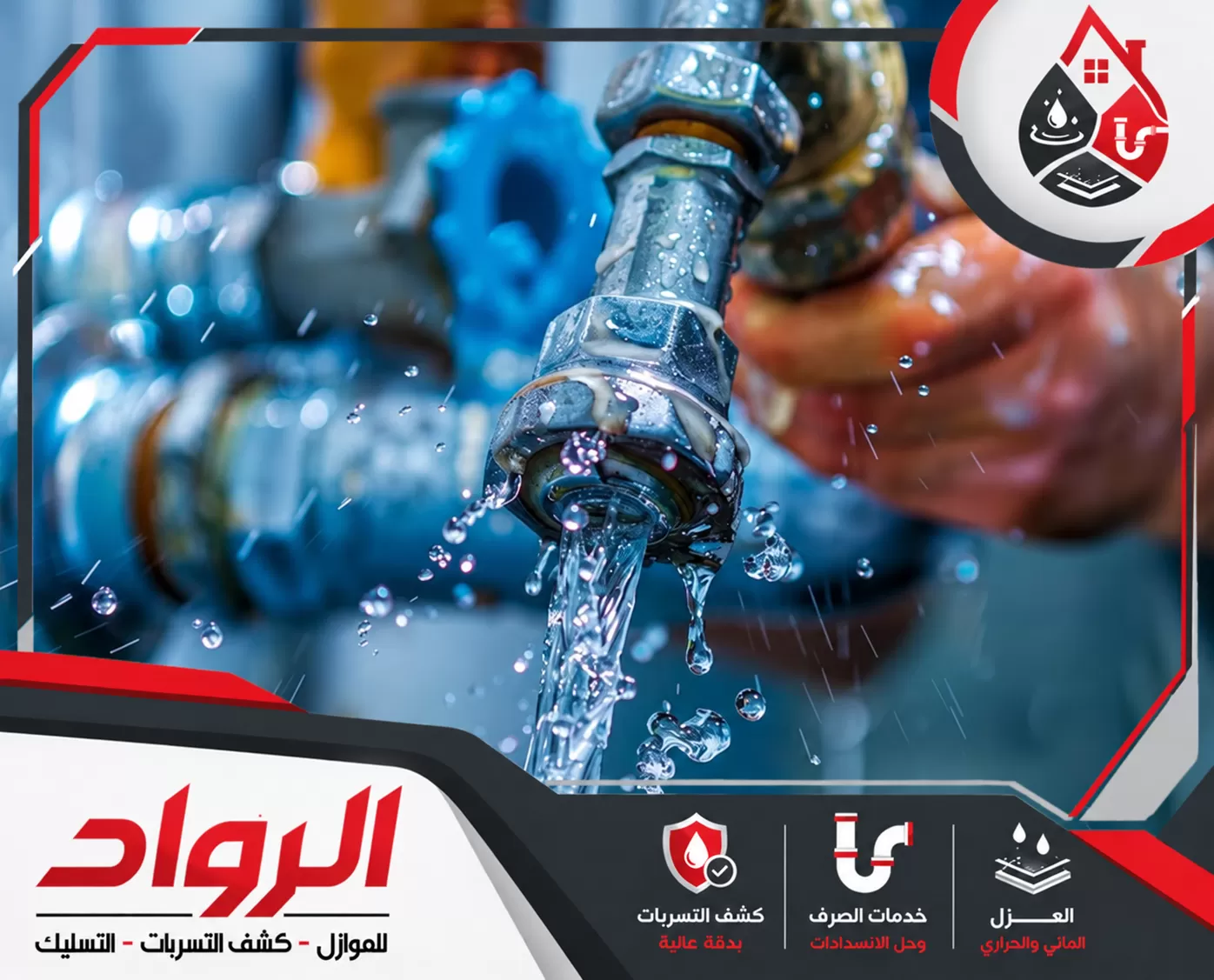 كشف تسربات الاسطح بالمجمعة 0562647138 شركة الرواد للصيانة صورة توضح خدمات شركة الرواد في كشف التسريبات، إصلاح الصرف، والعزل المائي والحراري بأحدث المعدات.