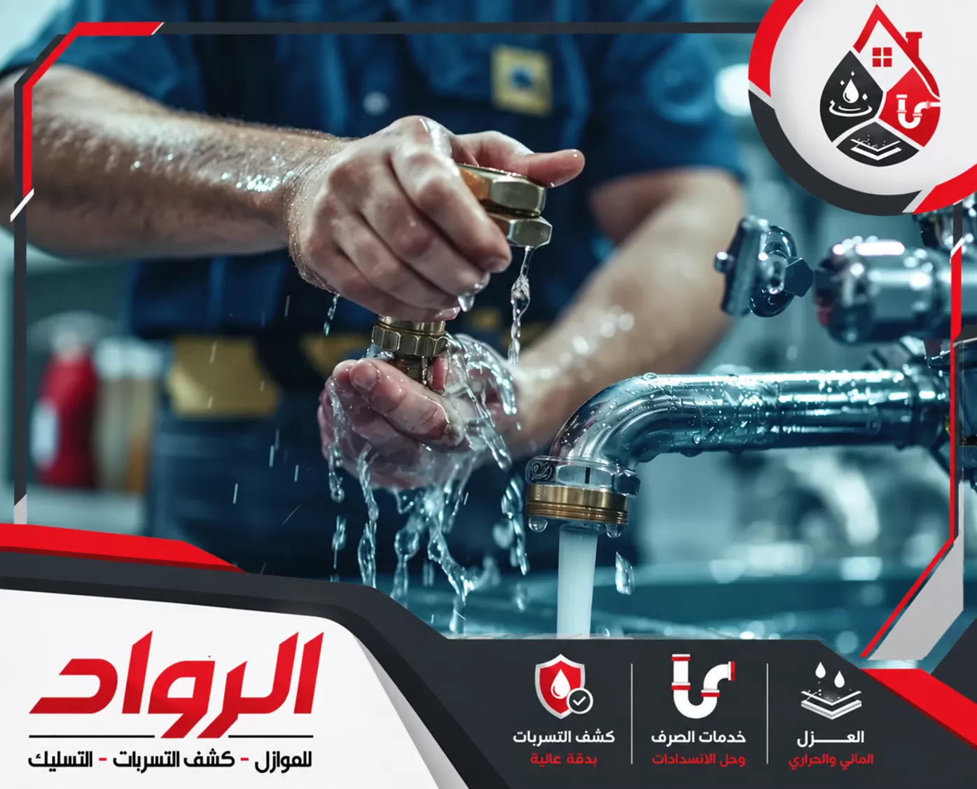 إصلاح تسربات المياه بالمجمعة 0562647138 شركة الرواد للصيانة صورة توضح إصلاح تسربات المياه وأعمال السباكة باستخدام أدوات احترافية لفنيين متخصصين.