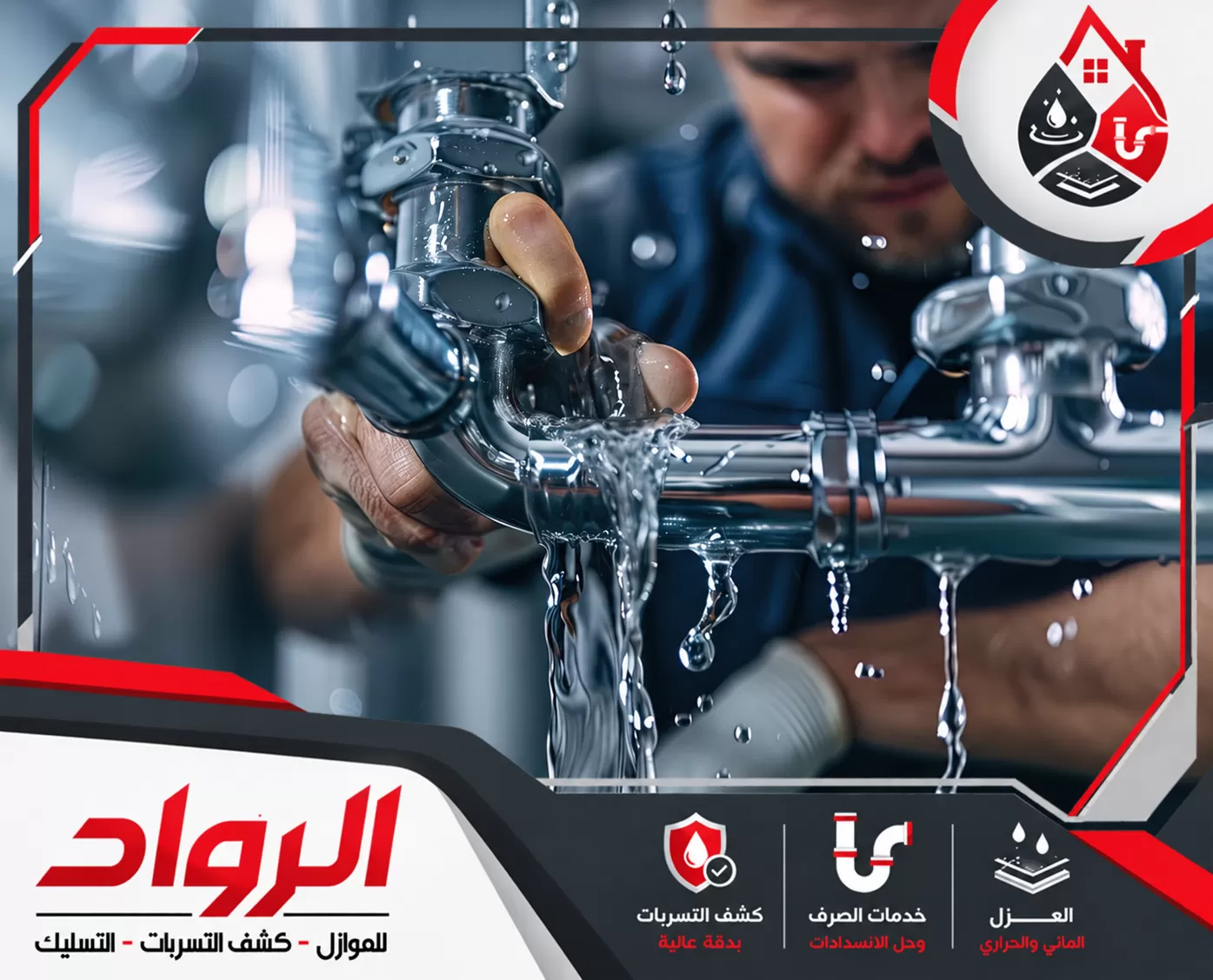 تقرير كشف تسربات المياه بالمجمعة 0562647138 شركة الرواد للصيانة صورة توضح أعمال إصلاح تسربات المياه وصيانة السباكة بأدوات حديثة وفنيين متخصصين.
